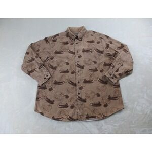 Woolrich Shirt Mens Large‎ Brown Button Up Dark Wheat Fisherman AOP Long Sleeve
